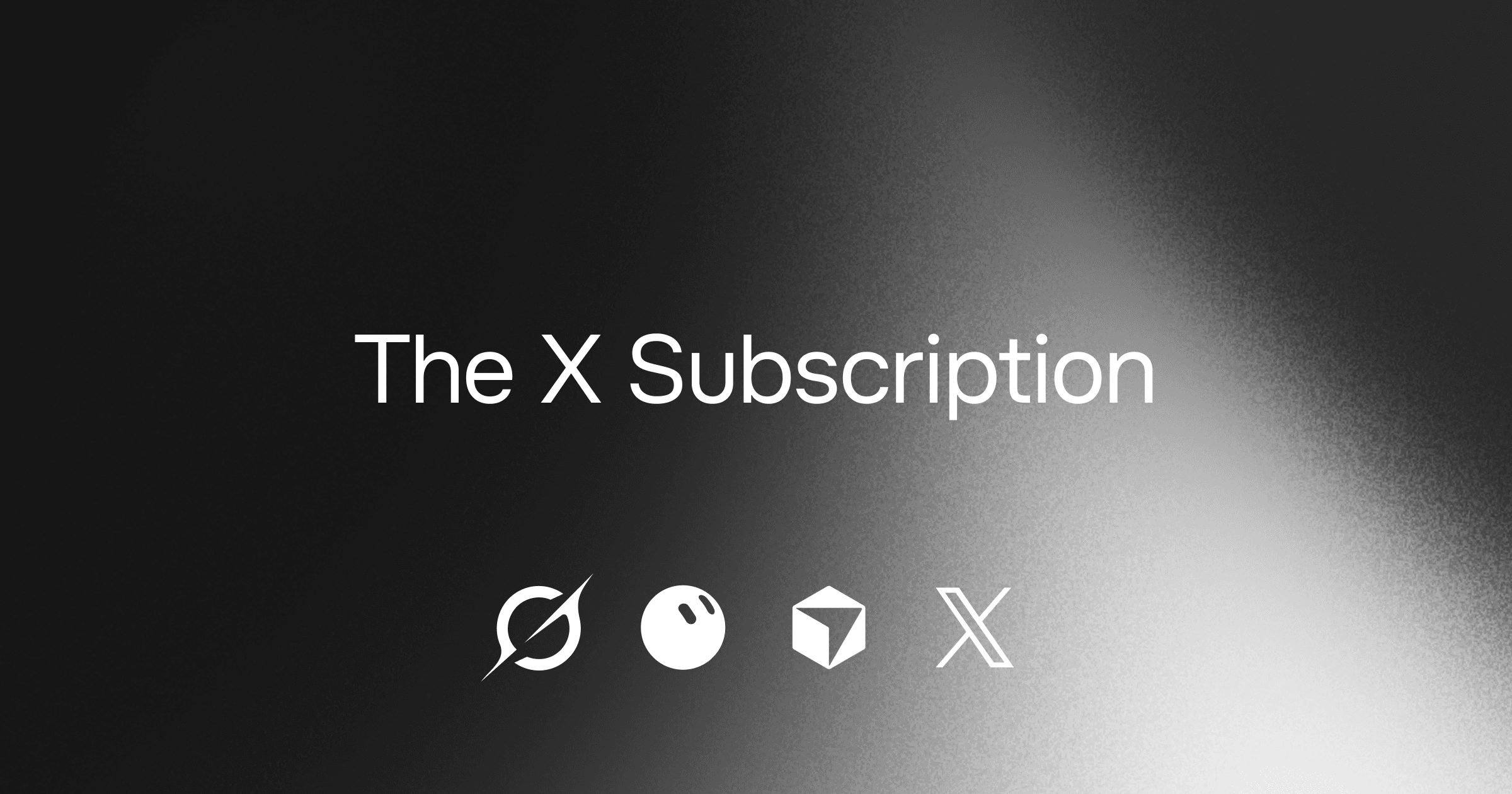 Title card on a dark, grainy black-to-grey gradient. The words 'The X Subscription' appear in large white text in the centre. Below them is a row of four white product icons: a circle with a diagonal slash, a solid round ball with two short marks, a hexagonal cube shape, and the X logo.