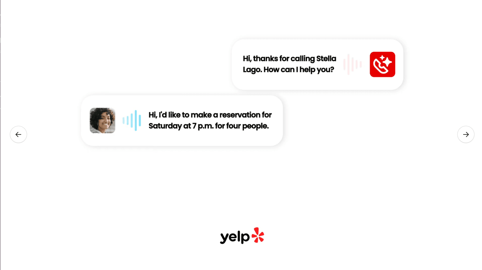 A mocked-up voice conversation demo showing a Yelp-branded call assistant responding to a spoken restaurant reservation request in real time.