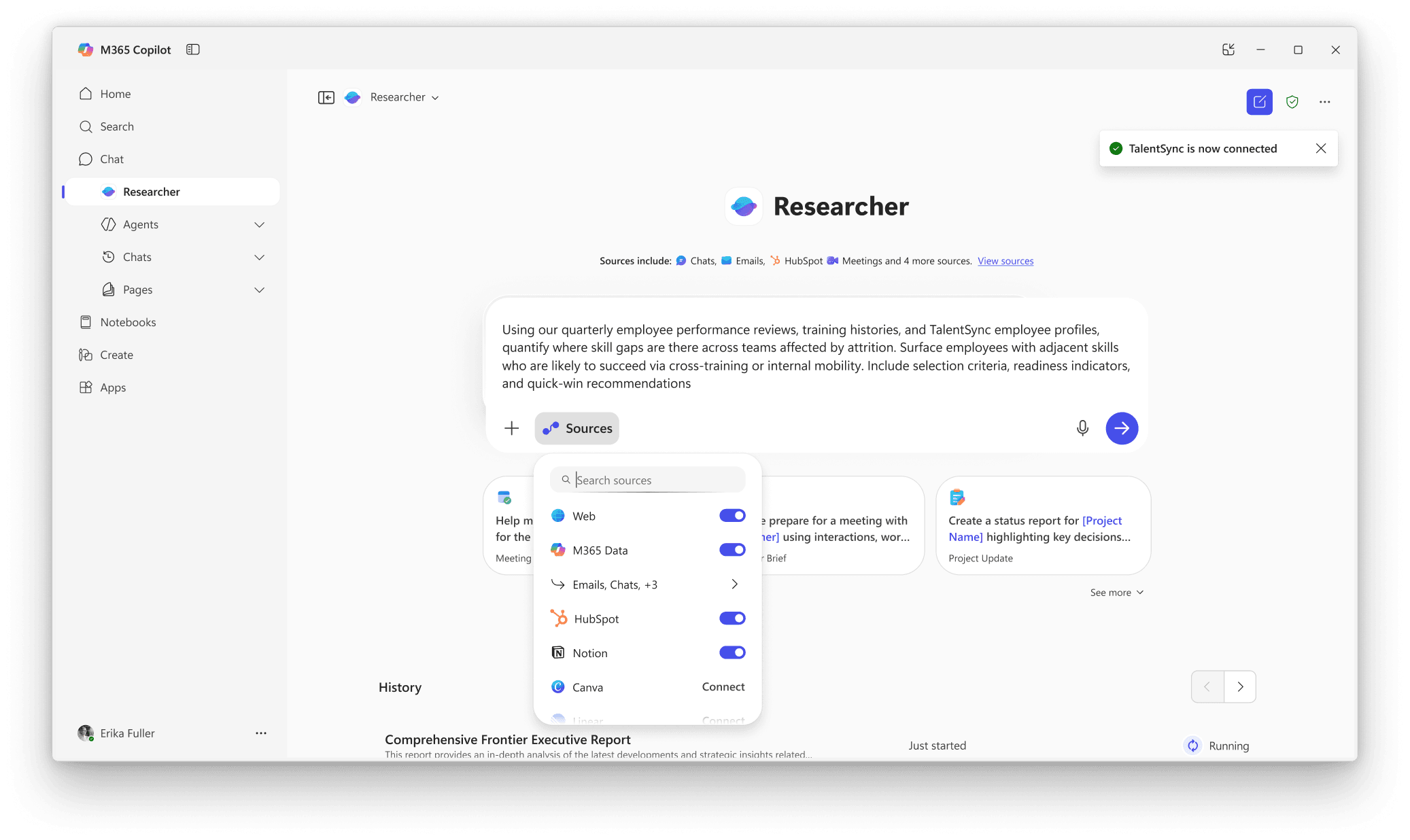 Microsoft 365 Copilot Researcher agent showing a connected federated source (TalentSync) and a Sources panel listing third-party connectors like HubSpot, Notion and Canva with toggle switches.