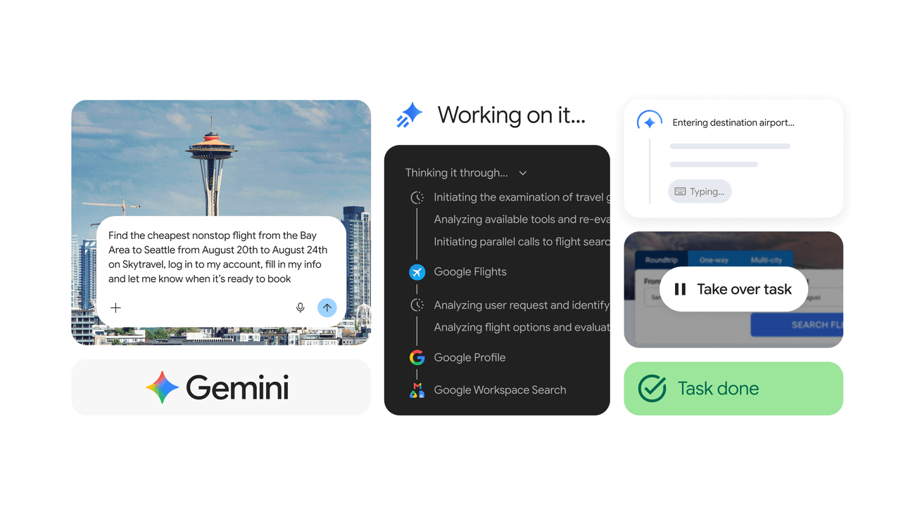 Official Google marketing composite of Gemini Spark Chrome auto browse handling a flight-booking errand: user prompt, Working on it progress panel showing Google Flights and Profile tool calls, Take over task option, and Task done confirmation.