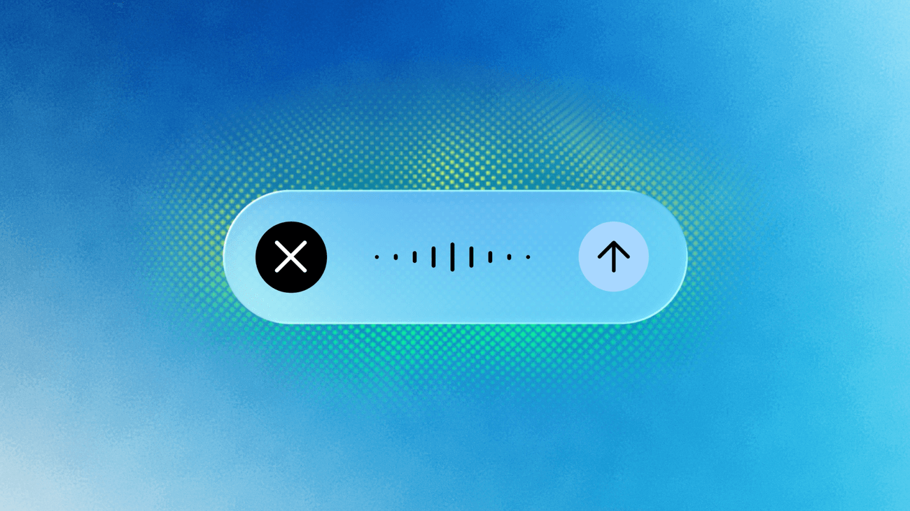 Official Google illustration of the Gemini for macOS voice-dictation UI bar, showing a waveform indicator between a cancel (x) button and an up-arrow submit button, over a blue-green gradient background.