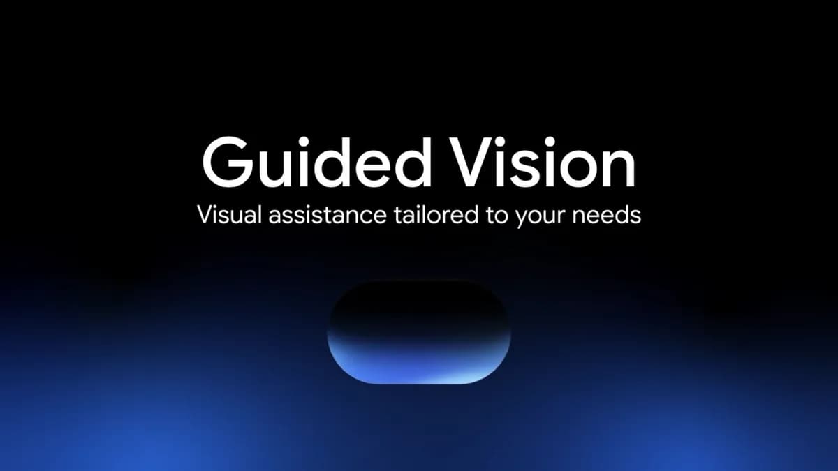 Official 'Guided Vision' title card reading 'Visual assistance tailored to your needs', with a glowing blue device icon on a dark background.